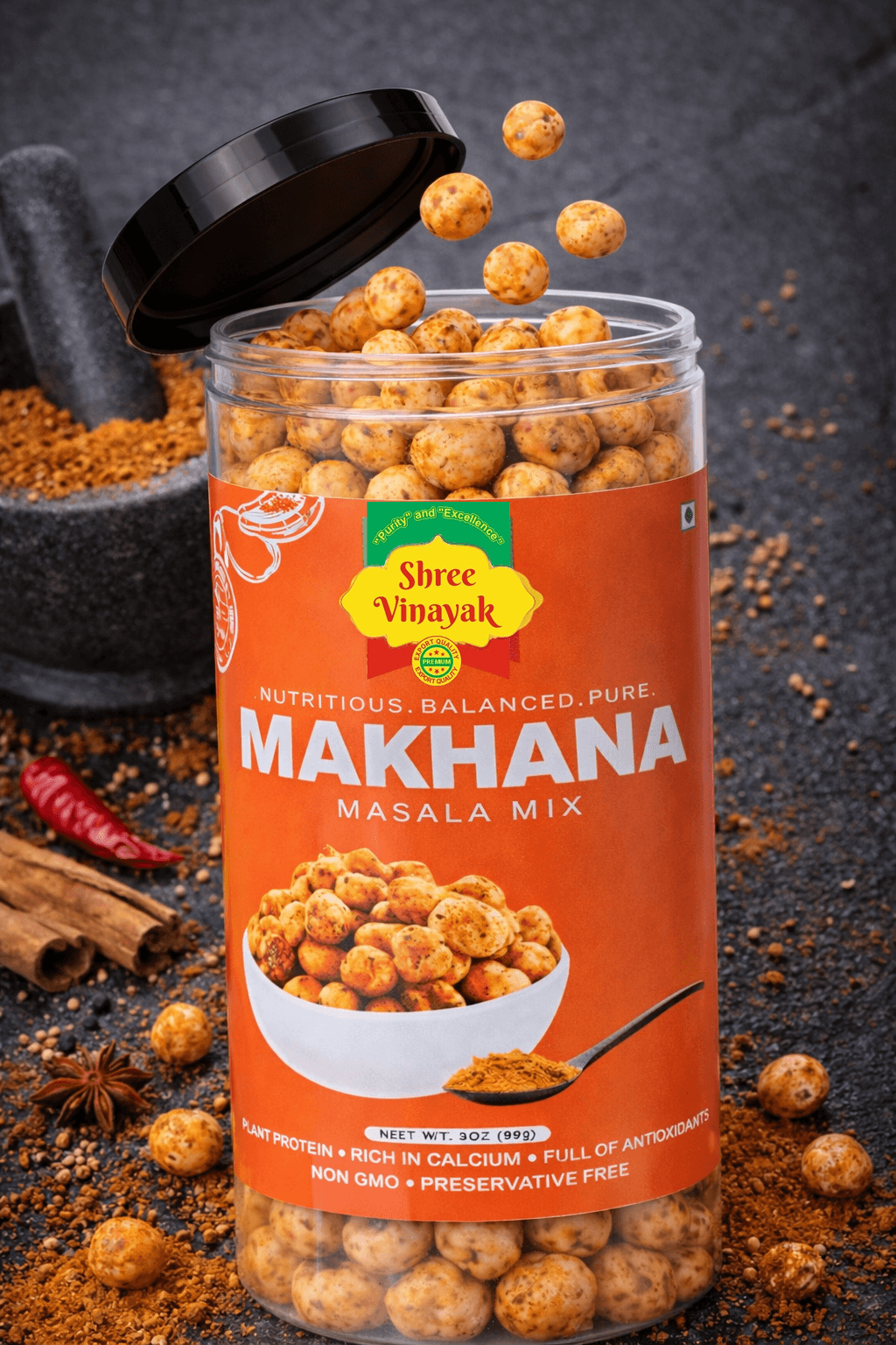 Shree Vinayak Foods Masala Mix Makhana — premium roasted foxnut snack with bold Indian spices